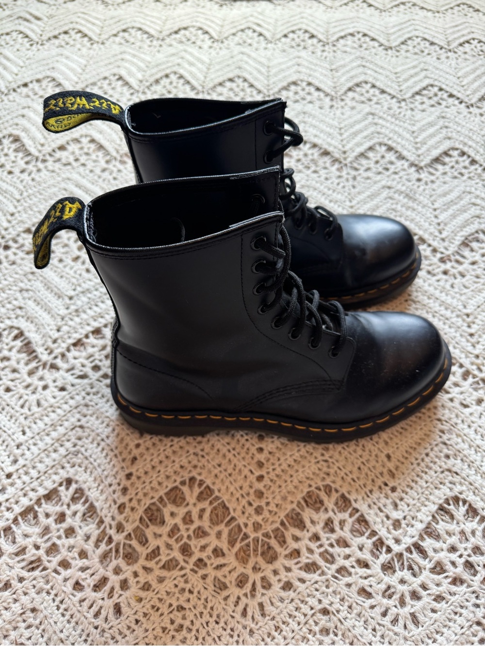Dr. Martens Matte Black Leather Eye Lace-Up Boots Yellow Stitching Size 9